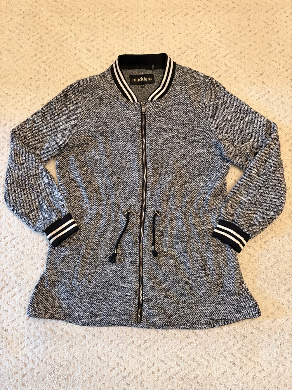 Madden Fleece Tweed Zip Up Varsity Jacket Size XL Black White Pockets Feminine